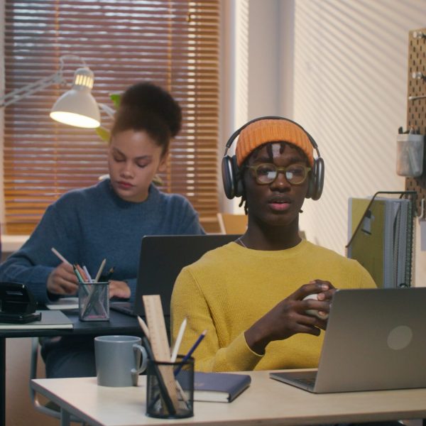 A man and a woman use laptops working at desks in the office. A man in a hat and headphones is chatting on video chat and playing with a baseball